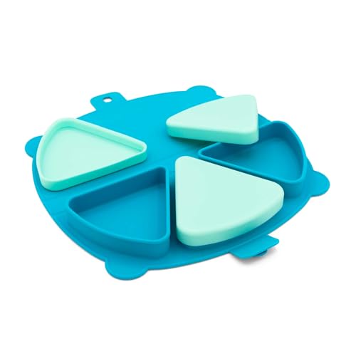 321 GROW On-The-Go Snack Mat – Baby Silicone Travel Dining Placemat – Portable Silicone Toddler Plate – Reusable Snack Container with 3 Compartments and Lids for 6 Months + (Ocean)