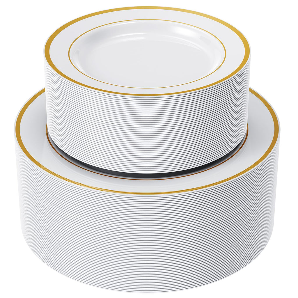 FOCUSLINE 120Pcs Gold Plastic Plates Disposable White and Gold Rim Plastic Plates Including 60 10Inch Dinner Plates 60 7Inch Dessert Plates Elegant Fancy Heavy Duty Wedding Party Plates