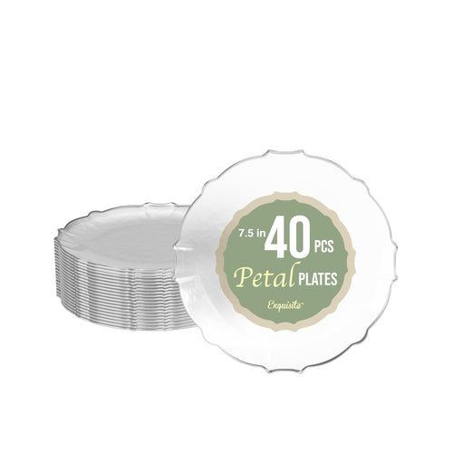 Exquisite Elegant Plastic Plates For Party 40 Dinner Plates - 40 x 7.5 inch Plastic Dessert Plates Set - Thin Delicate Fancy Plastic Plates Disposable Plates for Party Plates | Clear - Silver Rim