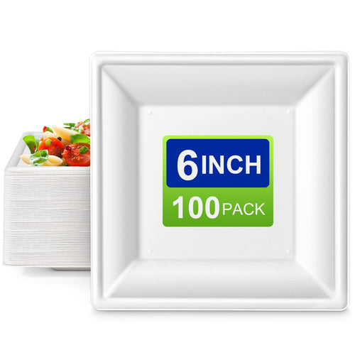 EcoAvance Square Paper Plates 6 inch Paper Plates 100 Pack Eco Friendly Compostable Dessert Plates Small Disposable Plates for Party Wedding White Paper Plates Sturdy