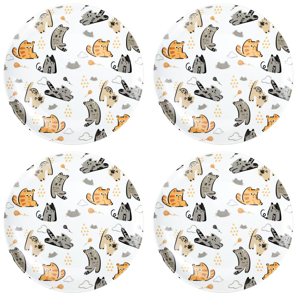 Bicuzat Cute Cartoon Little Animals Pattern Ceramic Salad Plates Pasta Plates Fruit Plates Appetizer Plates Dessert DishesDinner Plates Holiday Plates Set of 4-Little Cats-8 Inch