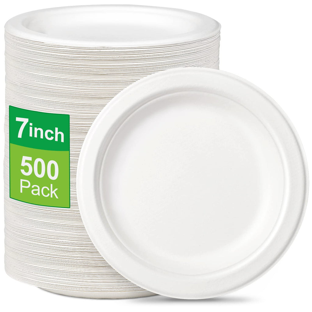 Greconv 500 Pack Paper Plates Bulk 7 inch Small Paper Plates 100% Compostable Paper Plates Eco Friendly Disposable Plates White Paper Plates Heavy Duty for Dessert Cake