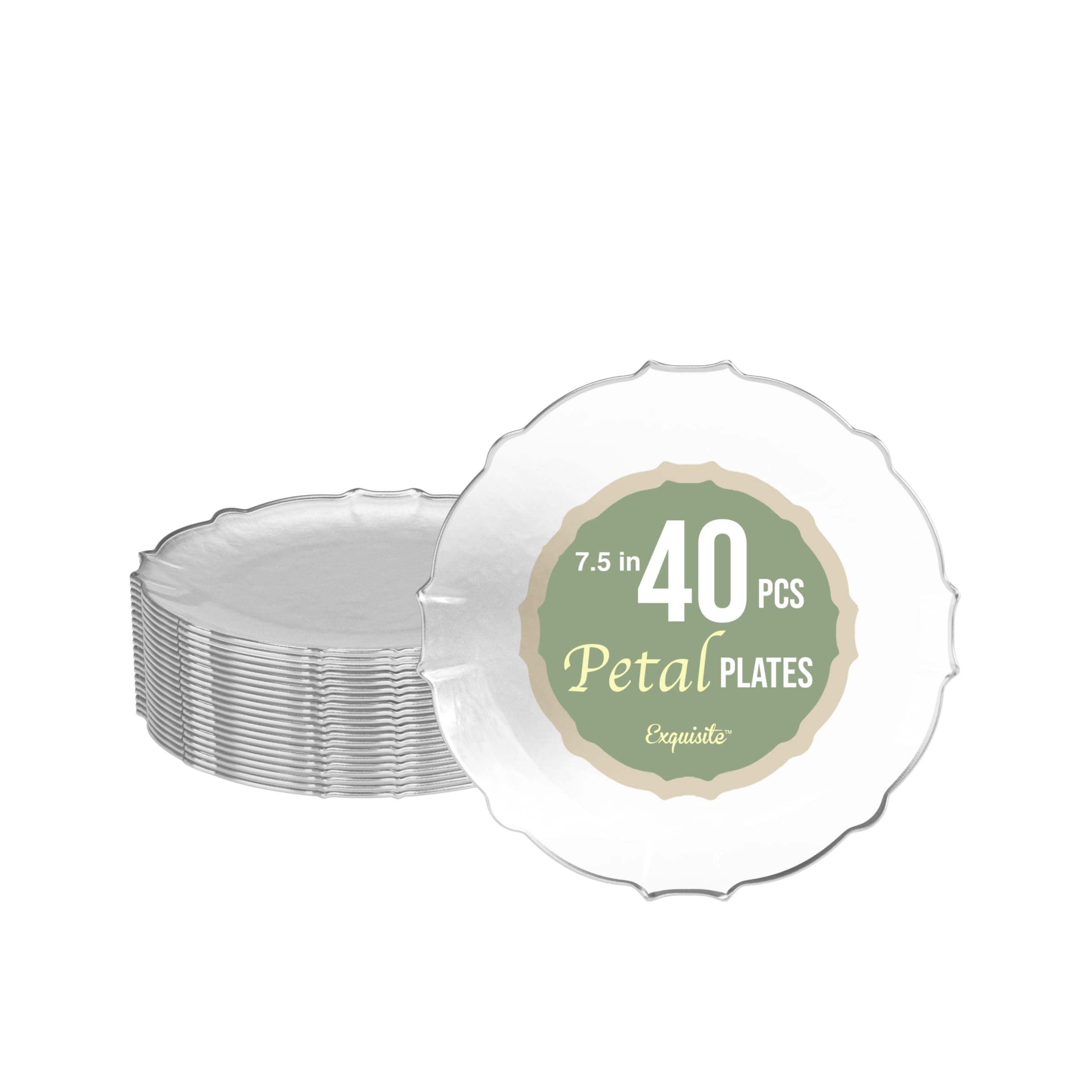 Exquisite Elegant Plastic Plates For Party 40 Dinner Plates - 40 x 7.5 inch Plastic Dessert Plates Set - Thin Delicate Fancy Plastic Plates Disposable Plates for Party Plates | Clear - Silver Rim
