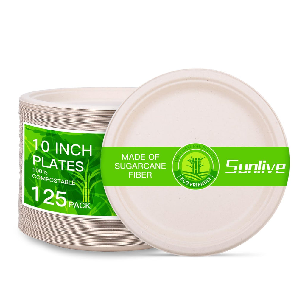 Paper Plates 100% Compostable 10 Inch Paper Plates 125 Count Heavy Duty Disposable Plates Biodegradable Plates Soak Proof Cut Proof Microwave Safe Plates for Party