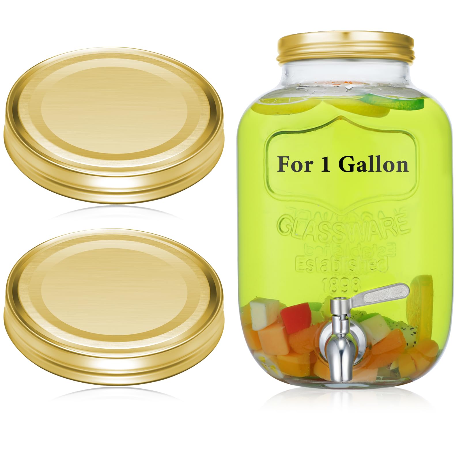 Uiifan 2 Pcs 304 Stainless Steel Replacement Mason Jar Lids Wide Mouth Canning Lids Rust Leakproof Lids Airtight Reusable Lids for Continuous Thread Closure Jar Summer Party(Gold 110mm 1 Gallon)