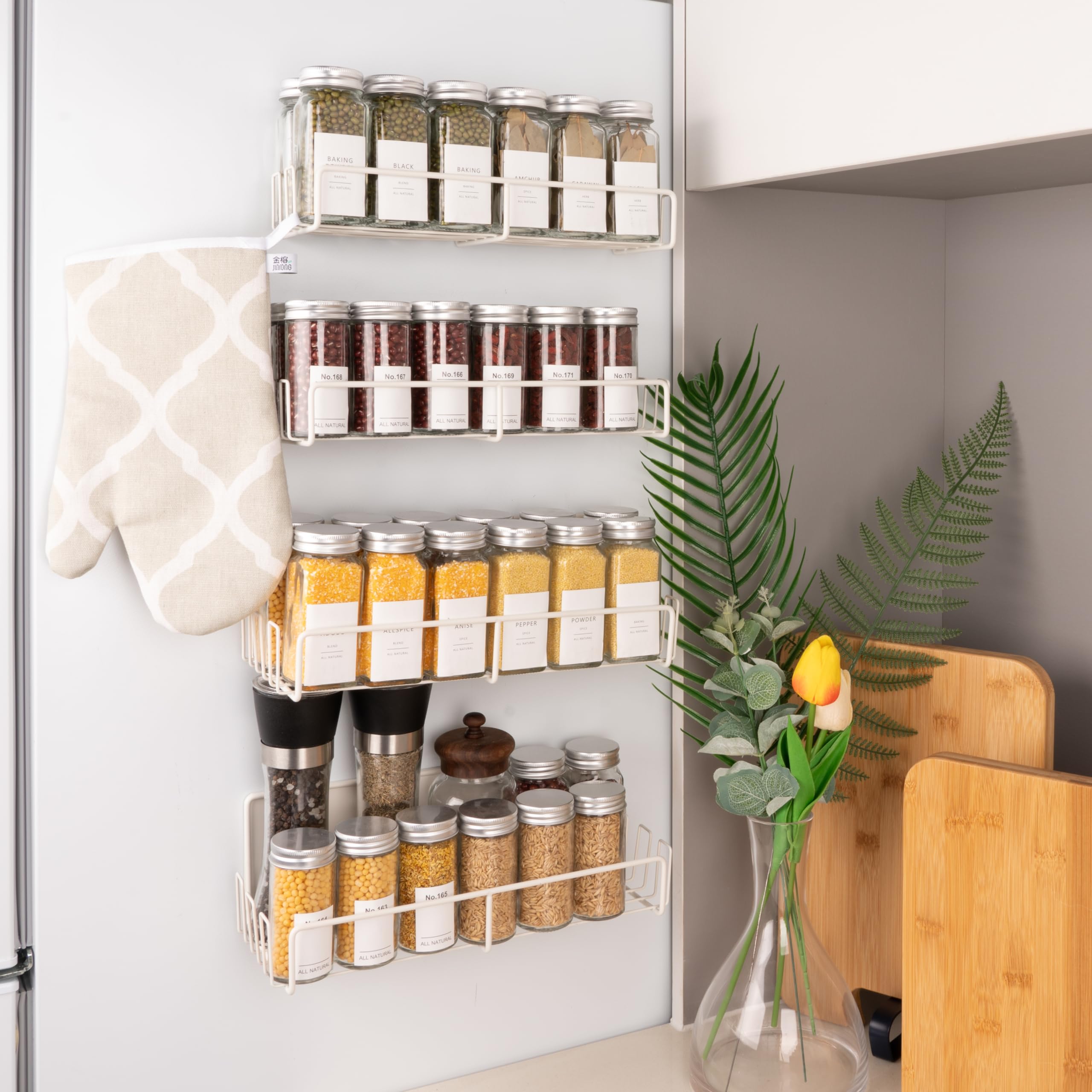 foryoky Strong Magnetic Spice Rack For Refrigerator with 20 Hooks Space Saving Organizer Durable Shelf for Oven - 4 Pack - Iron - Cloud Dancer